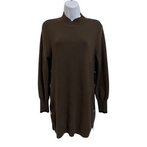 Chicos Longline Mock Neck Chocolate Brown Cashmere Blend Sweater Dress Buttons M